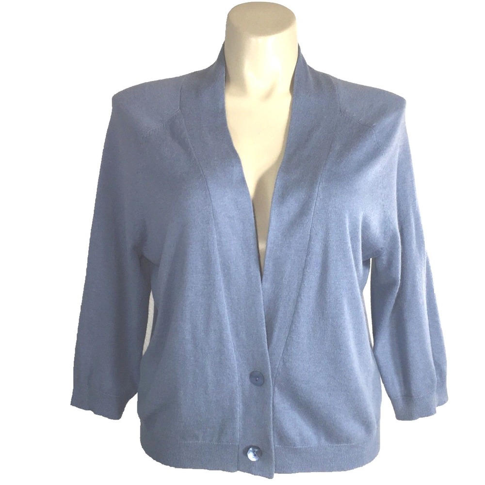 Chicos Cardigan 3 US LARGE Baby Blue Silk Angora‎ Soft Sweater 3/4 Sl Stretch